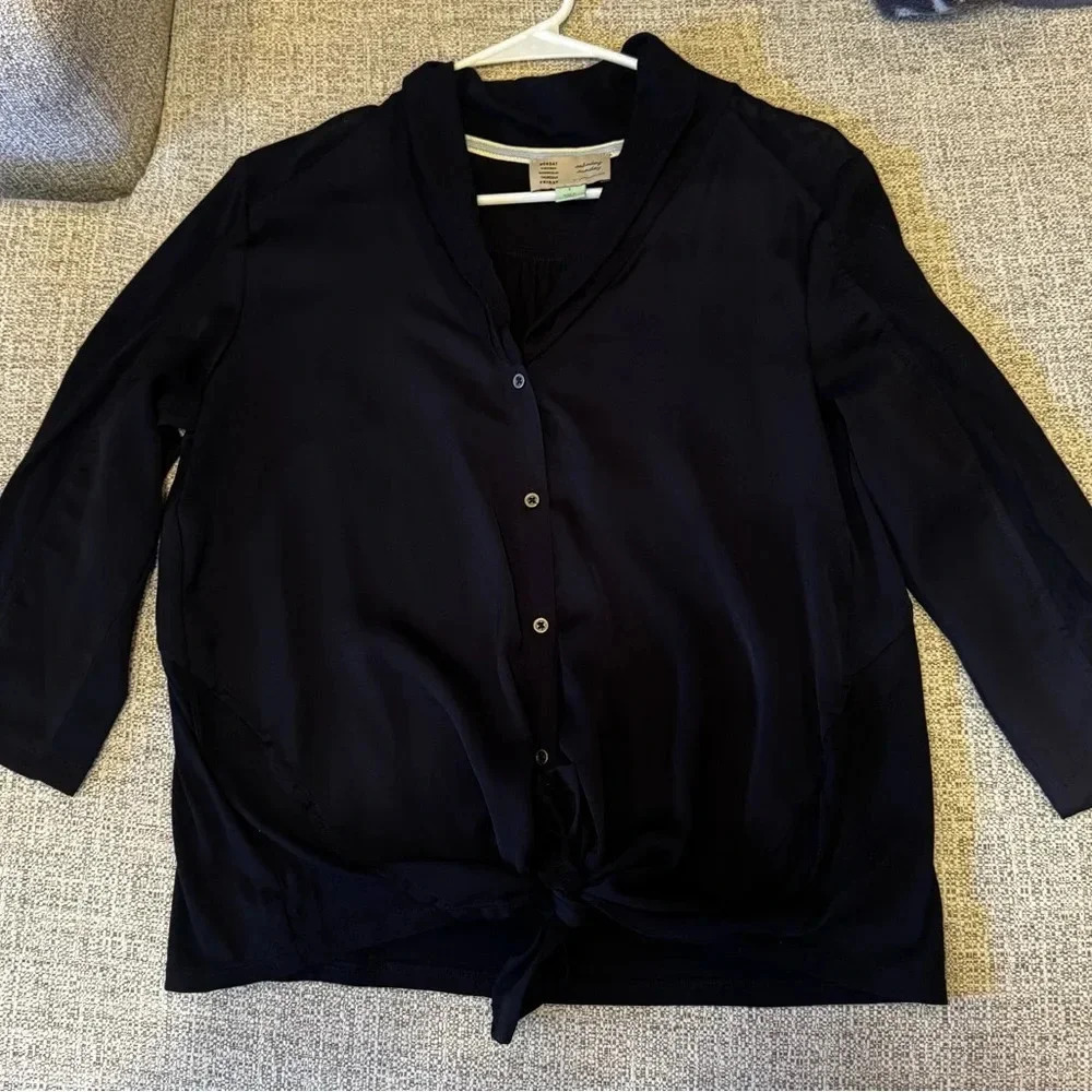 Anthropologie Saturday Sunday Navy Blue Button Up Blouse Tie Front Sz Small - Picture 2 of 14